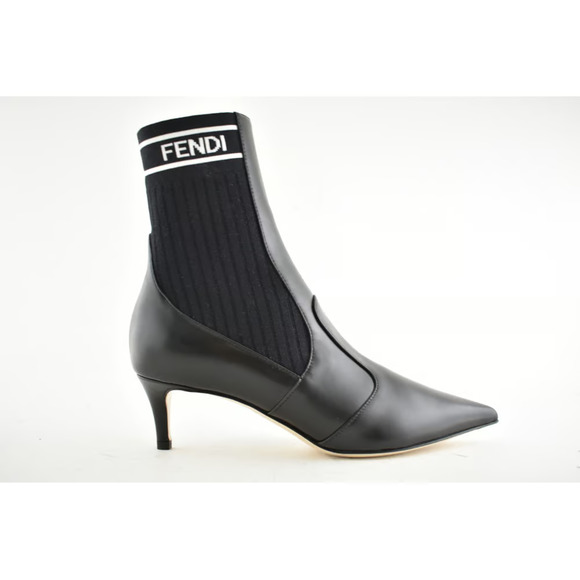 Fendi Rockoko Black Scuba Stretch FF Logo Knit Sock Ankle Kitten Heel Bootie 35 - Picture 10 of 11